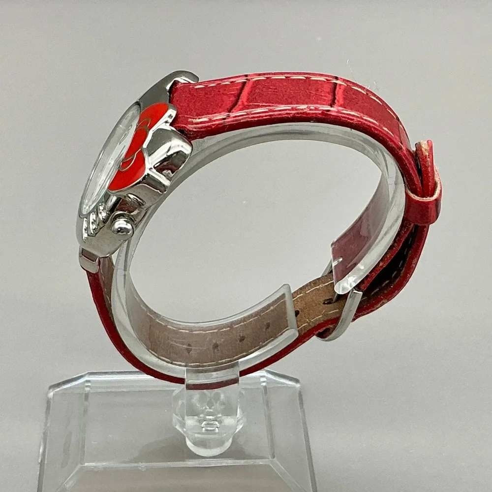 Sanrio Hello Kitty Watch Women's 2007 Red Strap Crystal Silver 38mm NEW BATTERY